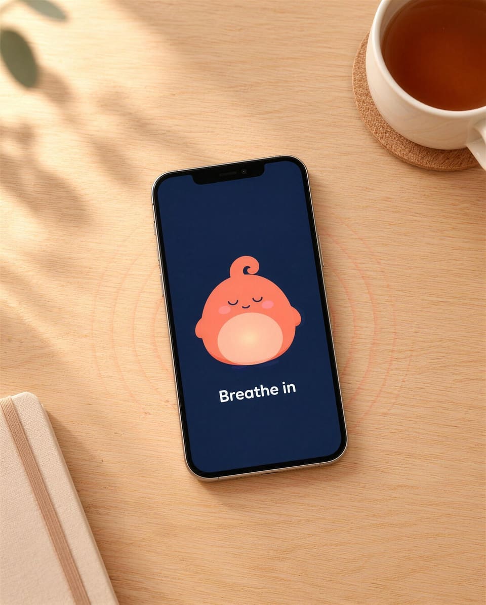 A phone lying on a desk shows Pip breathing in, with soft ripples around it.